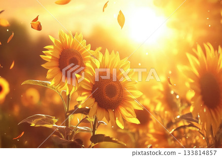 Sunflowers stand tall and vibrant in a field as the sun sets, casting a golden glow and creating a peaceful and warm atmosphere Sunflowers stand tall and vibrant in a field as the sun sets, casting a golden glow and creating a peaceful and warm atmosphere 133814857