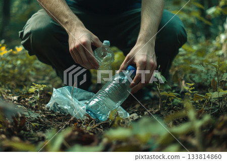 A person collects plastic bottles from the forest floor, engaging in environmental cleanup on a sunny day, surrounded by lush greenery A person collects plastic bottles from the forest floor, engaging in environmental cleanup on a sunny day, surrounded by lush greenery 133814860