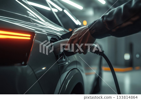 A hand connects a charging cable to an electric car at a contemporary charging station during the evening, surrounded by soft light A hand connects a charging cable to an electric car at a contemporary charging station during the evening, surrounded by soft light 133814864
