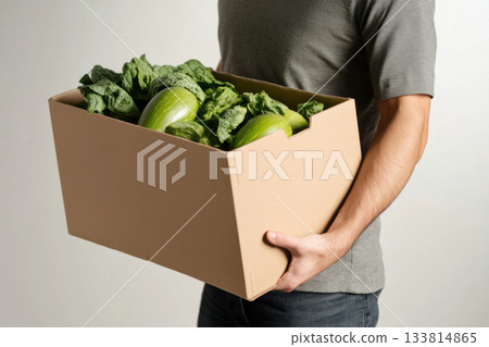 A person carries a cardboard box overflowing with fresh green vegetables in a clean indoor space, highlighting healthy food choices 133814865