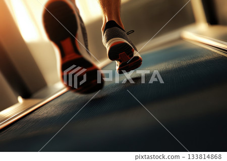 A person jogs on a treadmill inside a gym, capturing the warm light of sunset. The focus is on their shoes and movement, emphasizing fitness A person jogs on a treadmill inside a gym, capturing the warm light of sunset. The focus is on their shoes and movement, emphasizing fitness 133814868