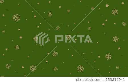 Seamless vector golden snowfall pattern on Christmas green background. Winter falling snow texture. Cartoon snowflake Christmas or New Year backdrop. Wrapping paper or endless web page fill 133814941