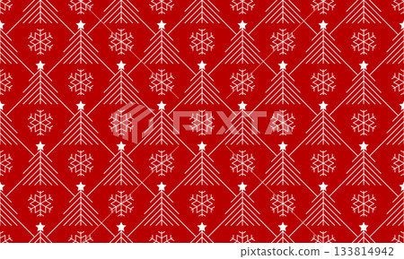 Seamless vector white linear geometric winter Christmas tree and snowflakes pattern on red background. Star, spruces and snow flakes design wrapping paper 133814942