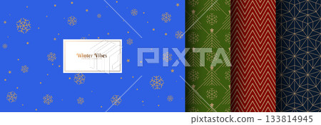 Seamless vector Christmas winter pattern set. Blue snowfall, green linear Christmas tree, red zig zag, dark linear star wrapping paper, endless web page fill collection. Falling snow New Year texture 133814945
