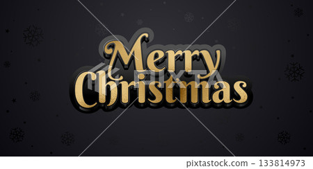 Merry Christmas Typography Golden Text Design on black snowflakes pattern background. Gold letters on black glossy backing. Merry Christmas Holiday Greeting Card, Vector Illustration Background 133814973