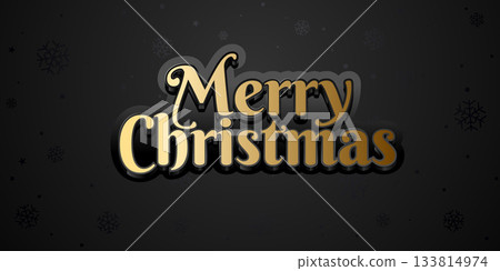Merry Christmas Typography Golden Text Design on black snowflakes pattern background. Gold letters on black glossy backing. Merry Christmas Holiday Greeting Card, Vector Illustration Background 133814974