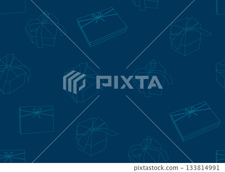 Seamless pattern with linear 3d gift boxes illustrations, blue backdrop with light thin line, festive wrapping. square, heart, flat boxes shape 133814991