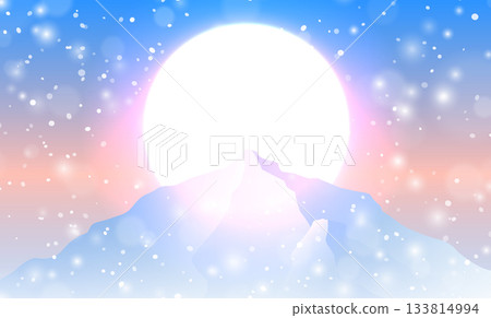 Minimalist vector illustration of snowy mountain peak silhouette against a large glowing sun at snowfall. Soft gradients create a serene, atmospheric winter landscape nature travel designs 133814994