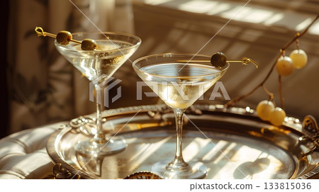 luxurious setting with two elegant martini glasses, each holding an olive and a gold cocktail pick on the rim of one glass, placed on a vintage tray set against a backdrop of classic french interior luxurious setting with two elegant martini glasses, each holding an olive and a gold cocktail pick on the rim of one glass, placed on a vintage tray set against a backdrop of classic french interior 133815036
