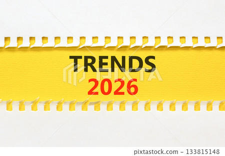Trends 2026 new year symbol. Concept words Trends 2026 on beautiful yellow paper. Beautiful white paper background. Business and Trends 2026 new year concept. Copy space. Trends 2026 new year symbol. Concept words Trends 2026 on beautiful yellow paper. Beautiful white paper background. Business and Trends 2026 new year concept. Copy space. 133815148