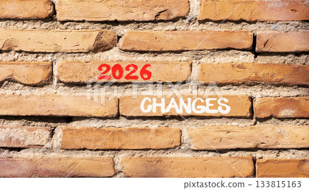 2026 Changes symbol. Concept words 2026 Changes on beautiful brown brick wall. Beautiful brown brick wall background. Business and 2026 changes concept. Copy space. 133815163