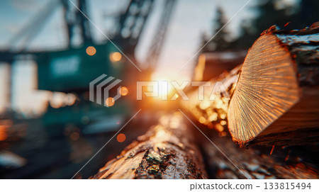 Close-up of freshly cut wood logs at an industrial site glowing in warm sunset light 133815494