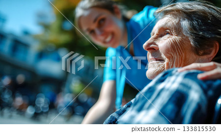 Smiling elderly woman in a wheelchair enjoying a sunny outdoor walk with a supportive nurse Smiling elderly woman in a wheelchair enjoying a sunny outdoor walk with a supportive nurse 133815530