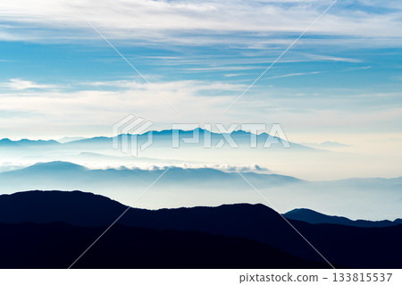 Early morning view of Yatsugatake from the terrace of Kitahotaka hut. Climbing Kitahotaka in the Northern Alps 133815537