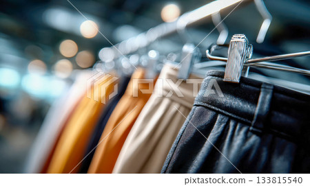 Close-up of elegant skirts hanging neatly on wooden hangers in a retail store 133815540