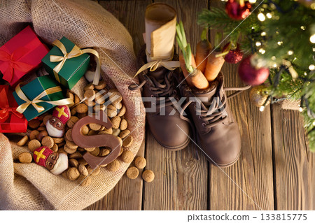 Sinterklaas Eve Traditions. Festive Sinterklaas scene with gifts Sinterklaas Eve Traditions. Festive Sinterklaas scene with gifts 133815775
