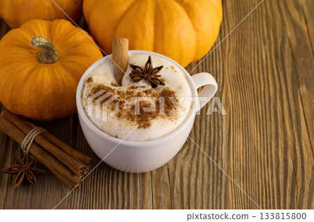 Pumpkin Spice Latte. A cozy autumn latte with cinnamon, star anise, and pumpkins Pumpkin Spice Latte. A cozy autumn latte with cinnamon, star anise, and pumpkins 133815800