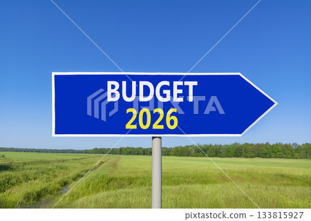 Budget 2026 symbol. Concept words Budget 2026 on beautiful blue road sign. Beautiful green grass field forest and blue sky background. Business and budget 2026 concept. Copy space. 133815927