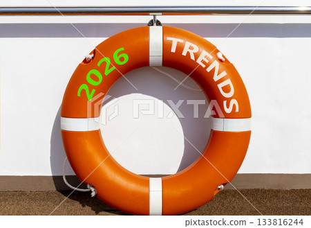 2026 Trends new year symbol. Concept words 2026 Trends on beautiful orange lifebuoy. Beautiful white background. Beautiful orange lifebuoy. Business and 2026 Trends new year concept. Copy space. 2026 Trends new year symbol. Concept words 2026 Trends on beautiful orange lifebuoy. Beautiful white background. Beautiful orange lifebuoy. Business and 2026 Trends new year concept. Copy space. 133816244