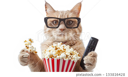 cat wearing three-dimensional glasses, holding a bowl of popcorn and a remote control, set against a white background. cat wearing three-dimensional glasses, holding a bowl of popcorn and a remote control, set against a white background. 133816428