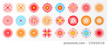 Vector set of point pain icons, ache localization symbols, circle painful area with red target 133816518