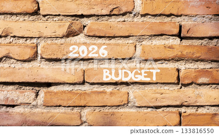 2026 Budget symbol. Concept words 2026 Budget on beautiful brown brick wall. Beautiful brown brick wall background. Business and 2026 budget concept. Copy space. 133816550