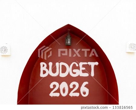 Budget 2026 symbol. Concept words Budget 2026 on beautiful white and red wall. Beautiful white and red wall background. Business and budget 2026 concept. Copy space. 133816565