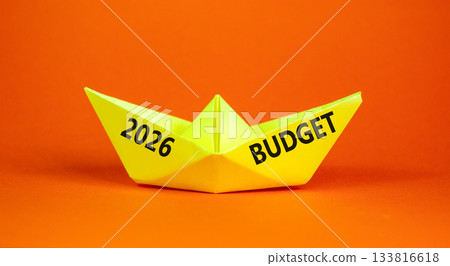 2026 Budget symbol. Concept words 2026 Budget on beautiful yellow paper boat. Beautiful orange paper background. Business and 2026 budget concept. Copy space. 133816618