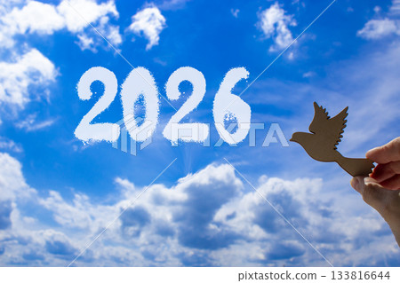 Business concept of 2026 new year symbol. Concept number 2026 Happy new year on blue sky. Businessman's hand with wooden bird. Beautiful sky background. Business 2026 happy new year concept Copy space 133816644
