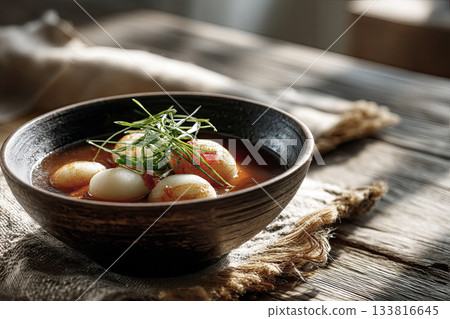 Warm bowl of tteokguk with sliced rice cakes and garnish, Korean New Year table 133816645