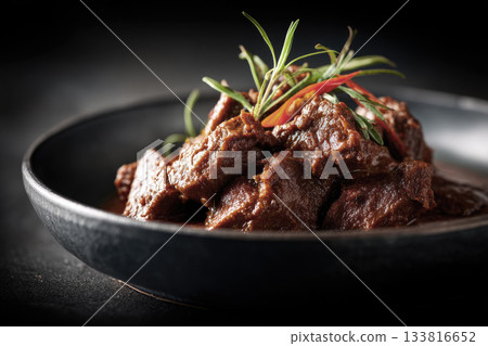 beef rendang with glossy rich sauce on black background 133816652
