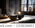 Toshikoshi soba in rustic ceramic bowls on rustic wooden table.Chinese decor background 133816661