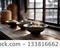 Toshikoshi soba in rustic ceramic bowls on rustic wooden table.Chinese decor background 133816662