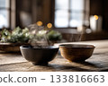 Toshikoshi soba in rustic ceramic bowls on rustic wooden table.Chinese decor background 133816663
