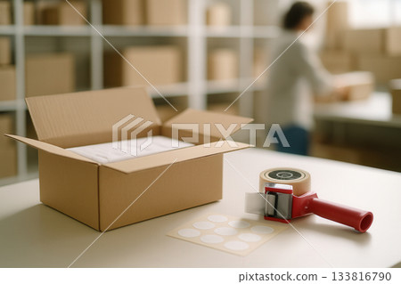 Open Cardboard Box and Tape Dispenser at Organized Warehouse Packing Station Open Cardboard Box and Tape Dispenser at Organized Warehouse Packing Station 133816790