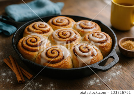 Freshly Baked Cinnamon Rolls with Icing in Cast Iron Skillet on Rustic Table Freshly Baked Cinnamon Rolls with Icing in Cast Iron Skillet on Rustic Table 133816791