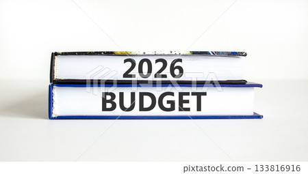 2026 Budget symbol. Concept words 2026 Budget on beautiful books. Beautiful white paper background. Business and 2026 budget concept. Copy space. 133816916