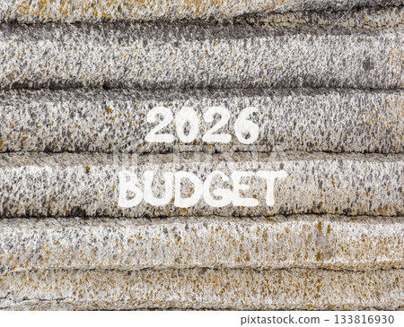 2026 Budget symbol. Concept words 2026 Budget on beautiful grey mountain wall. Beautiful grey mountain wall background. Business and 2026 budget concept. Copy space. 133816930