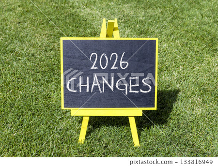 2026 Changes symbol. Concept words 2026 Changes on beautiful black blackboard. Beautiful green grass background. Business and 2026 changes concept. Copy space. 133816949