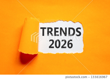 Trends 2026 new year symbol. Concept words Trends 2026 on beautiful white paper. Beautiful orange paper background. Business and Trends 2026 new year concept. Copy space. 133816967