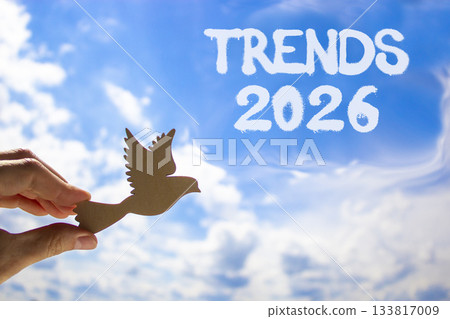 Trends 2026 new year symbol. Concept words Trends 2026 on beautiful blue sky. Beautiful blue sky background. Businessman's hand holds wooden bird. Business and Trends 2026 new year concept. Copy space Trends 2026 new year symbol. Concept words Trends 2026 on beautiful blue sky. Beautiful blue sky background. Businessman's hand holds wooden bird. Business and Trends 2026 new year concept. Copy space 133817009