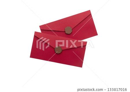 Two red envelopes with wax seals, overlapping, isolated on white background, top view, elegant and festive 133817016