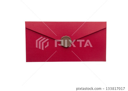 Red envelope with wax seal, isolated on white background, top view, elegant and ceremonial 133817017