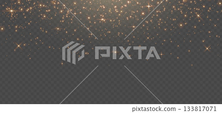 Gold glitter light banner. Magic dust background. Star particle bg. Christmas Holiday golden confetti. Fairy bulb. Glow shine bokeh. Winter Celebration frame. Luxury party. Vector illustration 133817071
