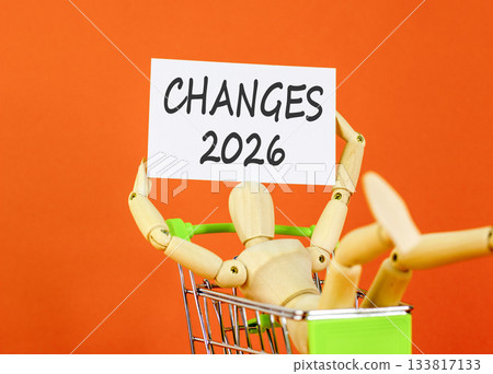 Changes 2026 symbol. Concept words Changes 2026 on beautiful white card. Beautiful orange paper background. Businessman's model. Business and changes 2026 concept. Copy space. 133817133