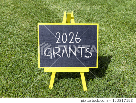 2026 Grants symbol. Concept words 2026 Grants on beautiful black blackboard. Beautiful green grass background. Business and 2026 grants concept. Copy space. 133817198