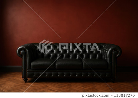 Black Leather Chesterfield Sofa Against Dark Red Wall with Copy Space 133817270