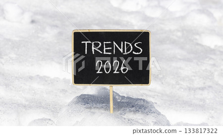 Trends 2026 new year symbol. Concept words Trends 2026 on beautiful black blackboard. Beautiful white snow background. Business and Trends 2026 new year concept. Copy space. 133817322