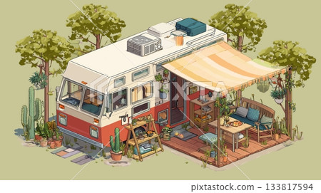 露營車和戶外露台的3D插圖 露營車和戶外露台的3D插圖 133817594