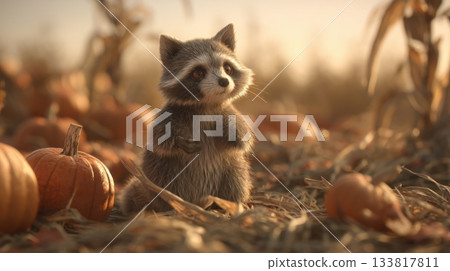 3D illustration of a raccoon standing in an autumn harvest field 3D illustration of a raccoon standing in an autumn harvest field 133817811